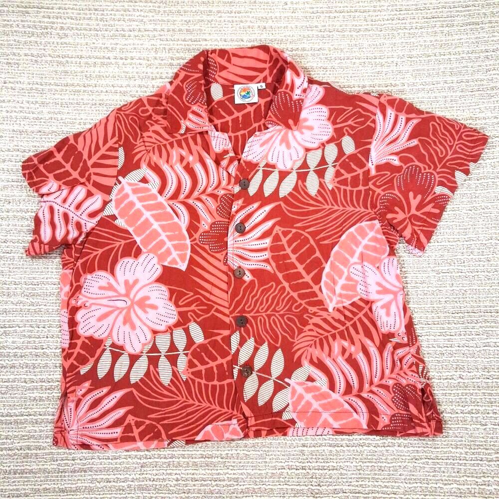 Makai Beach Hawaii Floral Hibiscus Hawaiian Aloha Shirt Red Short Sleeve Small S